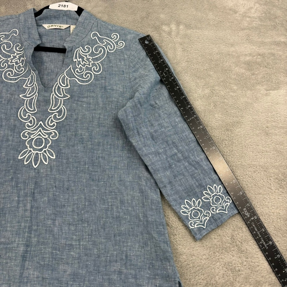 Orvis Embroidered Linen Tunic Top Womens S (6/8) Blue 3/4‎ Sleeve Lagenlook Boho - Picture 11 of 15